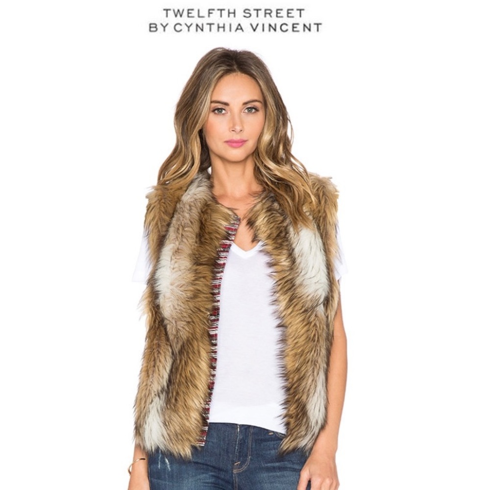 Faux fur vest with striped placket